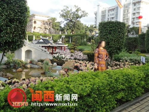 一位市民越過綠化帶，踩到花叢中拍照